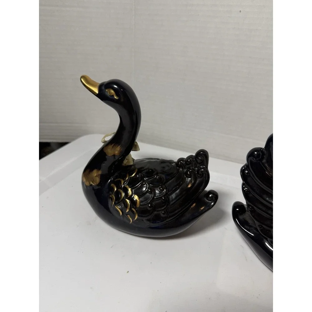 VTG Black Gold Ceramic Swans Set Animal Figurines Made In Taiwan 5